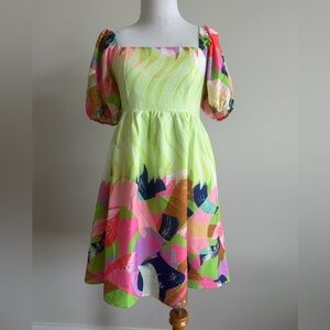 Joy Joy Neon Lime Multicolor Abstract Puff-Sleeve Dress in XS